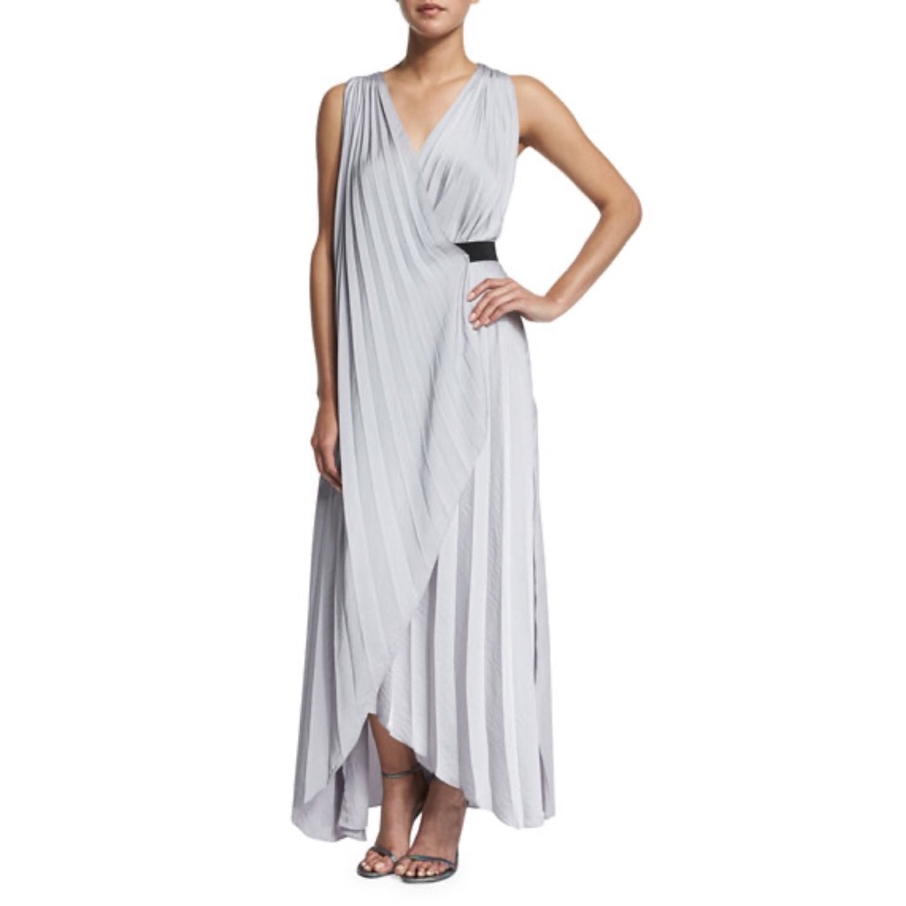 L’Agence Helene Silver Maxi Dress Vintage-Style Satin Accordion Pleats
